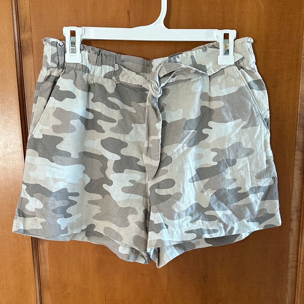 Lucky Brand Camo Linen Blend Paperbag Waist Shorts With Tie Belt Women's M